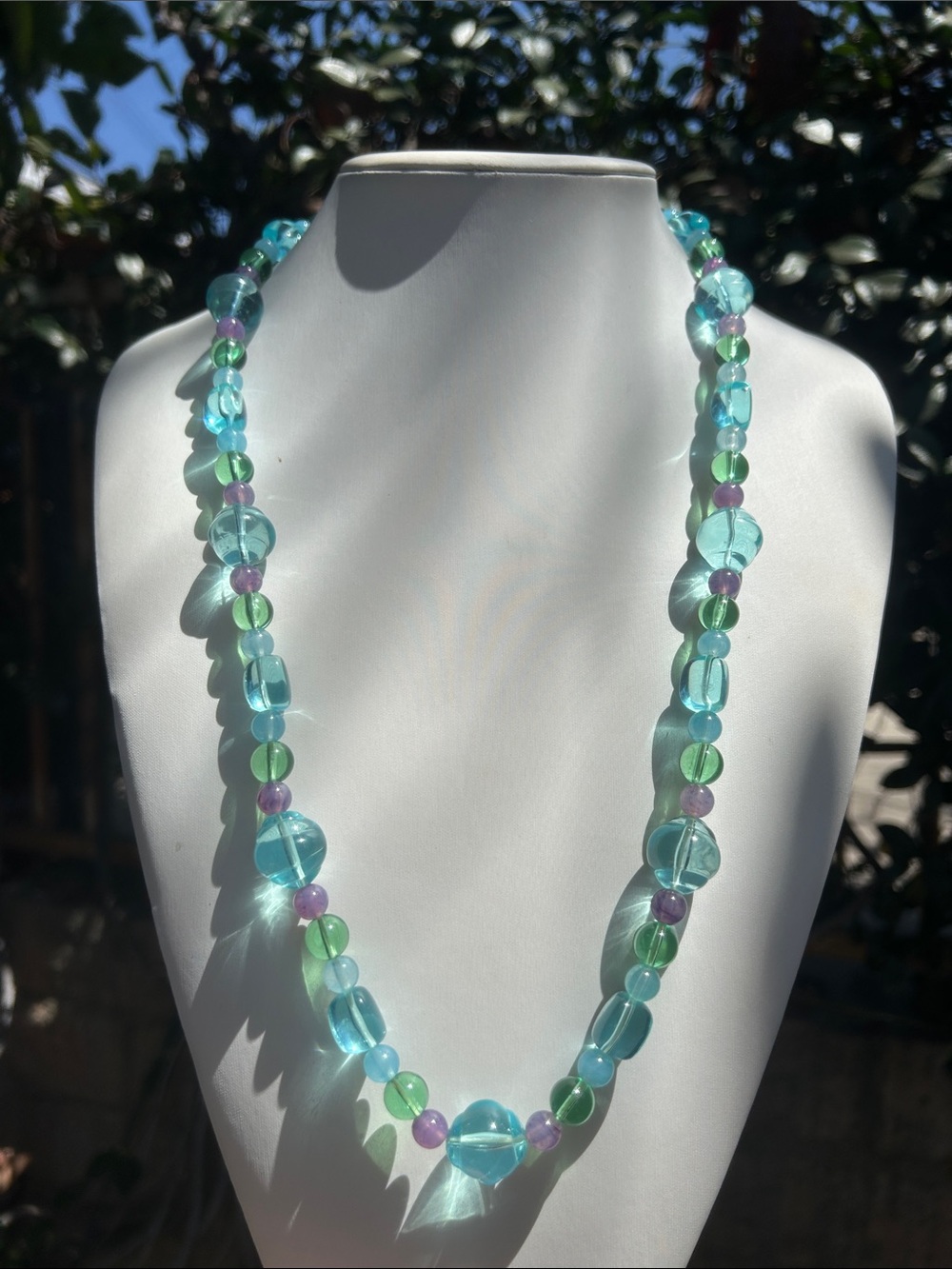 Vintage Lucite Bead Necklace in Aqua, Green & Lilac 28”